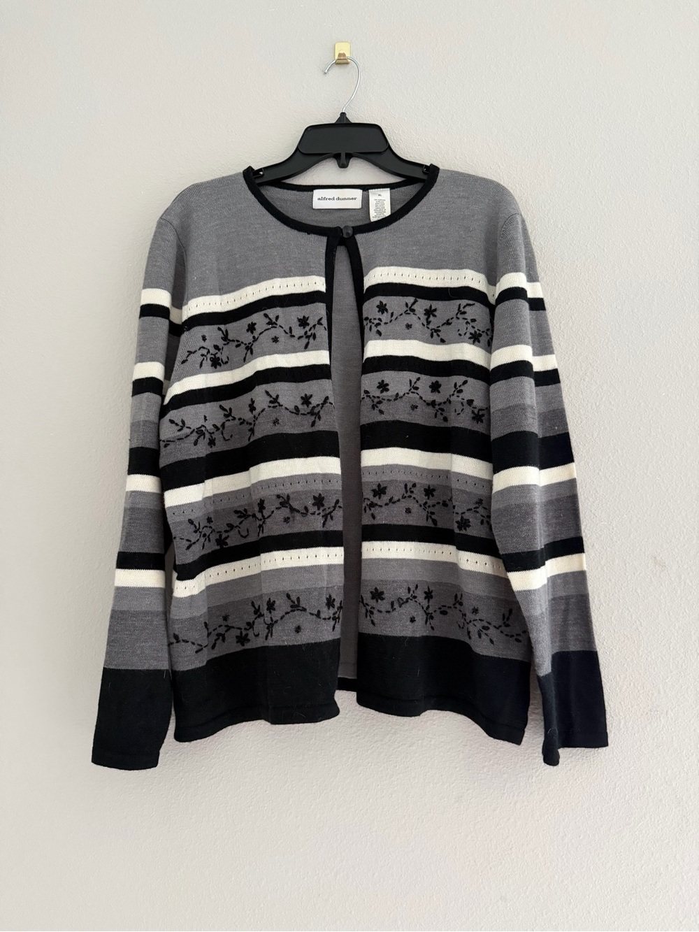 Alfred Dunner Floral Grey Stripe One Button Wool Blend Sweater XL Cottagecore